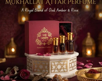 Mukhallat Attar Perfume Oil: Oud, Amber, Rose - Vegan Arabian Blend