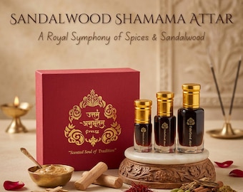 Sandelhout Shamama Attar-parfumolie: veganistische alcoholvrije handgemaakte geurcadeauset
