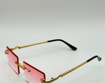 Dragon Arm Rimless Sunglasses: Gold Snake Frame, Multicolor Lens, Personalized Case
