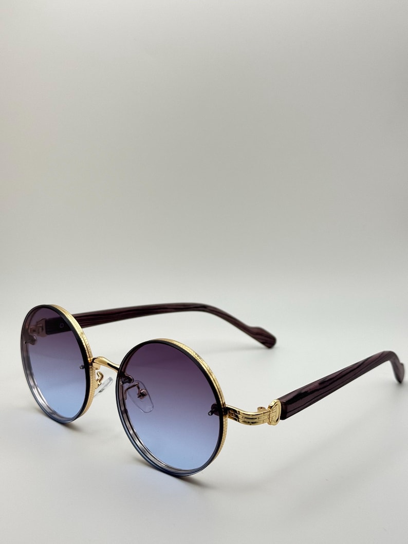 Runda vintage solglasögon | Gradienta retro solglasögon | Guldfärgade bågar UV400 glasögon Purple Blue Gradient