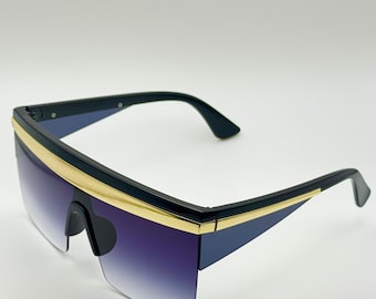 Shield Sunglasses With Gradient Purple Lenses, Gold Trim and Acetate Frame