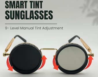 Gafas de sol Steampunk: Tinte ajustable, lentes polarizadas UV400, estuche personalizado.