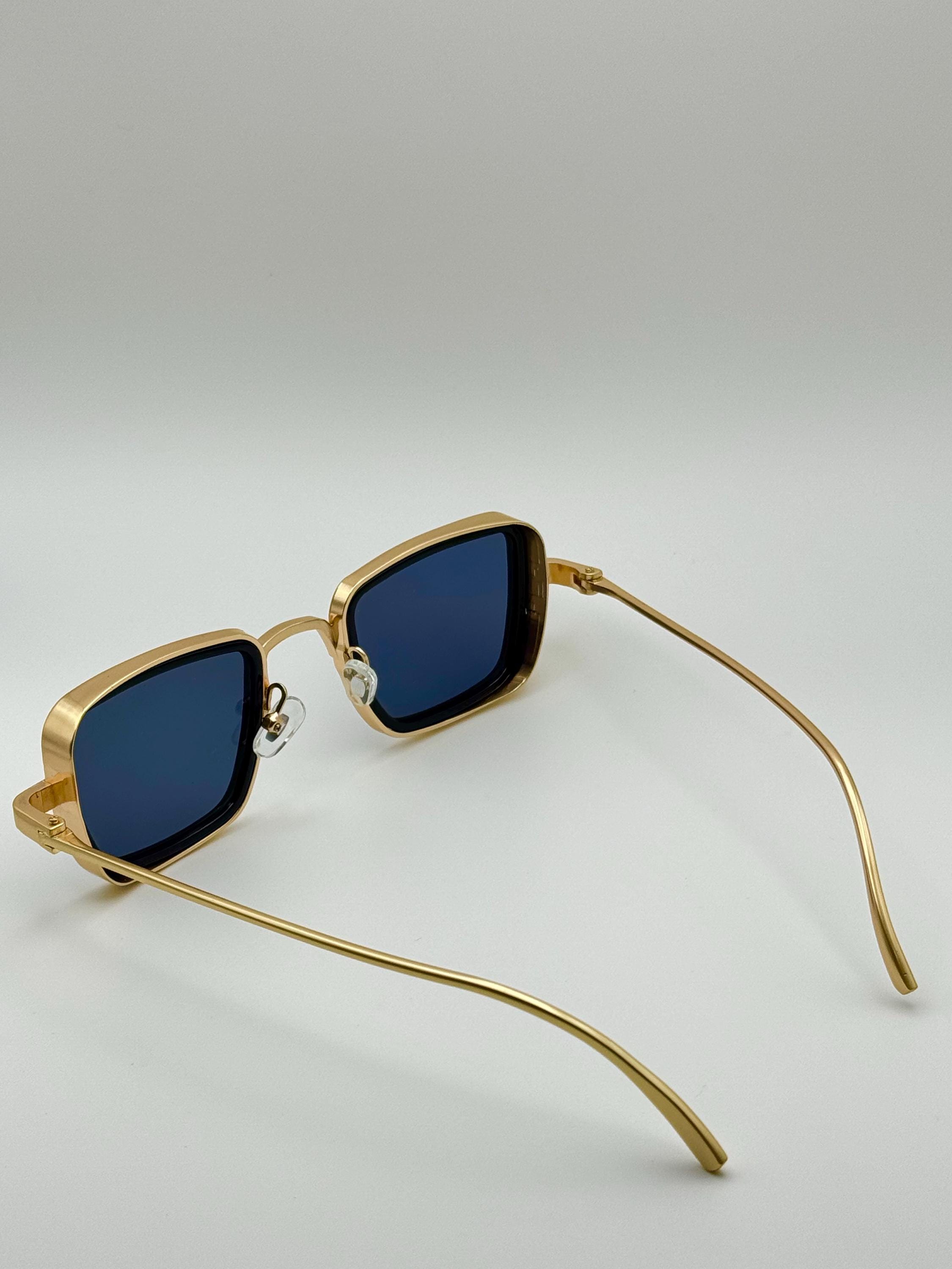 Retro Gold Frame Rectangle Sunglasses: Deep Blue Black Lens