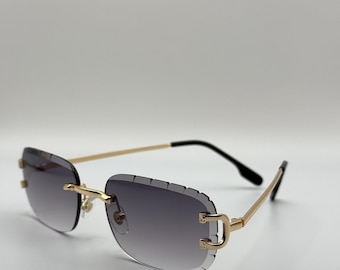 Luxury Diamond-cutted Rimless Square Gradient Sunglasses with Gold Frame and Elegant Detailing - Designer UV Protection Eyewear