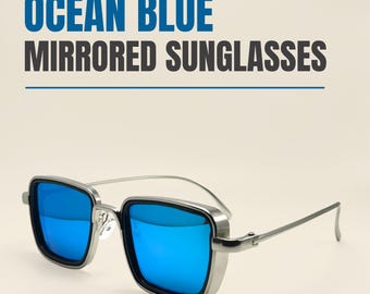 Gafas de sol de espejo azul océano: montura cuadrada, protección UV400