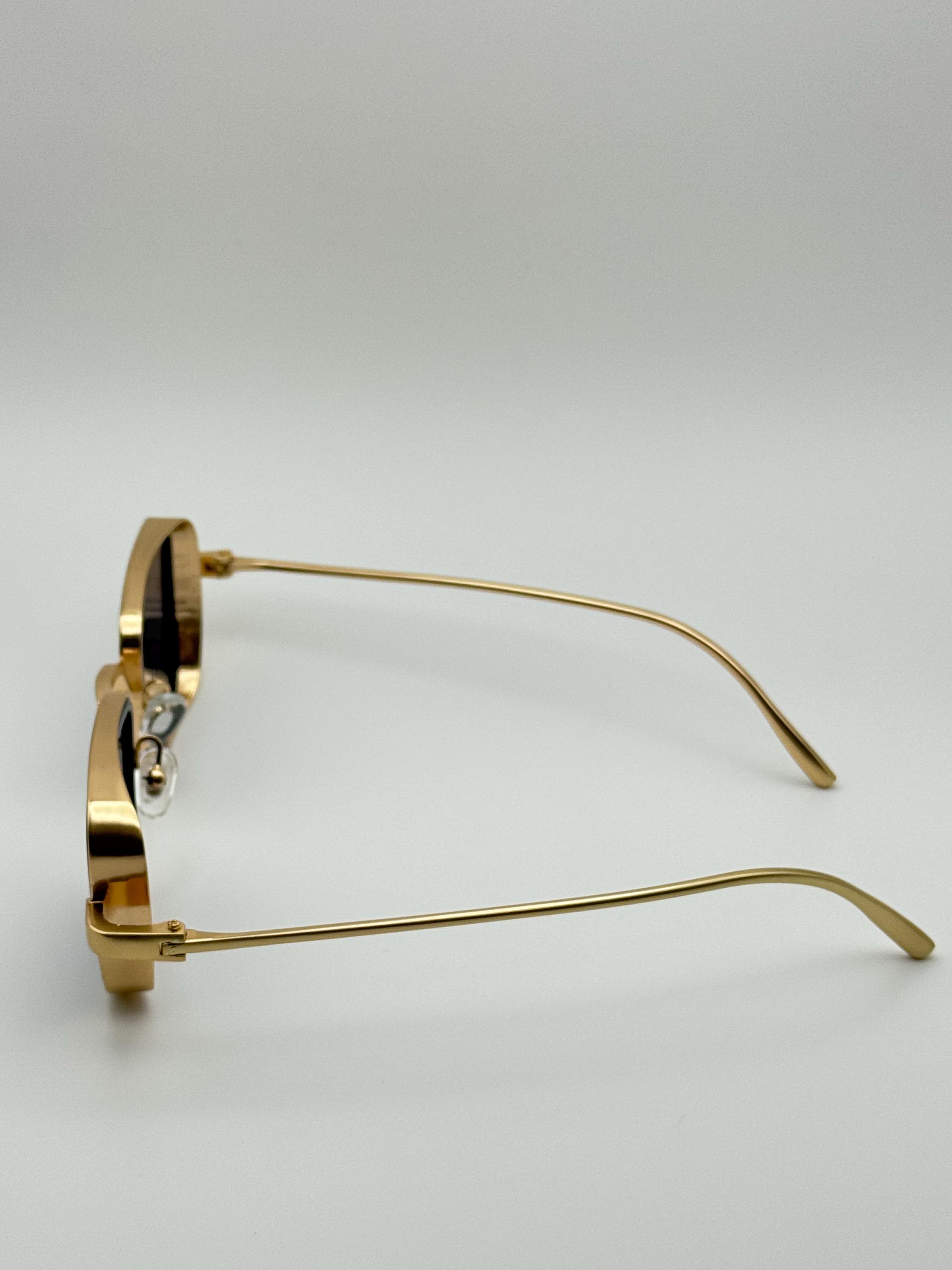 Retro Gold Frame Rectangle Sunglasses: Deep Blue Black Lens