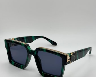 Green Marble Sunglasses, Oversized Square Polycarbonate Frames with Dark Lenses