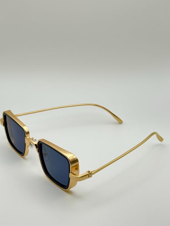 Retro Gold Frame Rectangle Sunglasses: Deep Blue Black Lens  display picture 1