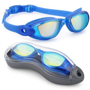 Blue Mirrored Swimming Goggles: Anti-Fog UV Protection with Case