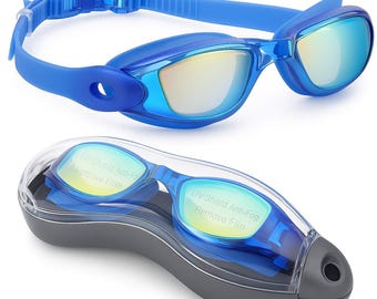 Blue Mirrored Swimming Goggles: Anti-Fog UV Protection with Case