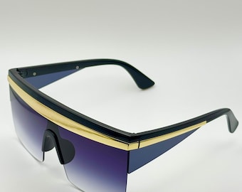 Oversized Shield Sunglasses: Gradient Purple Lens, Gold Trim, Personalized Case