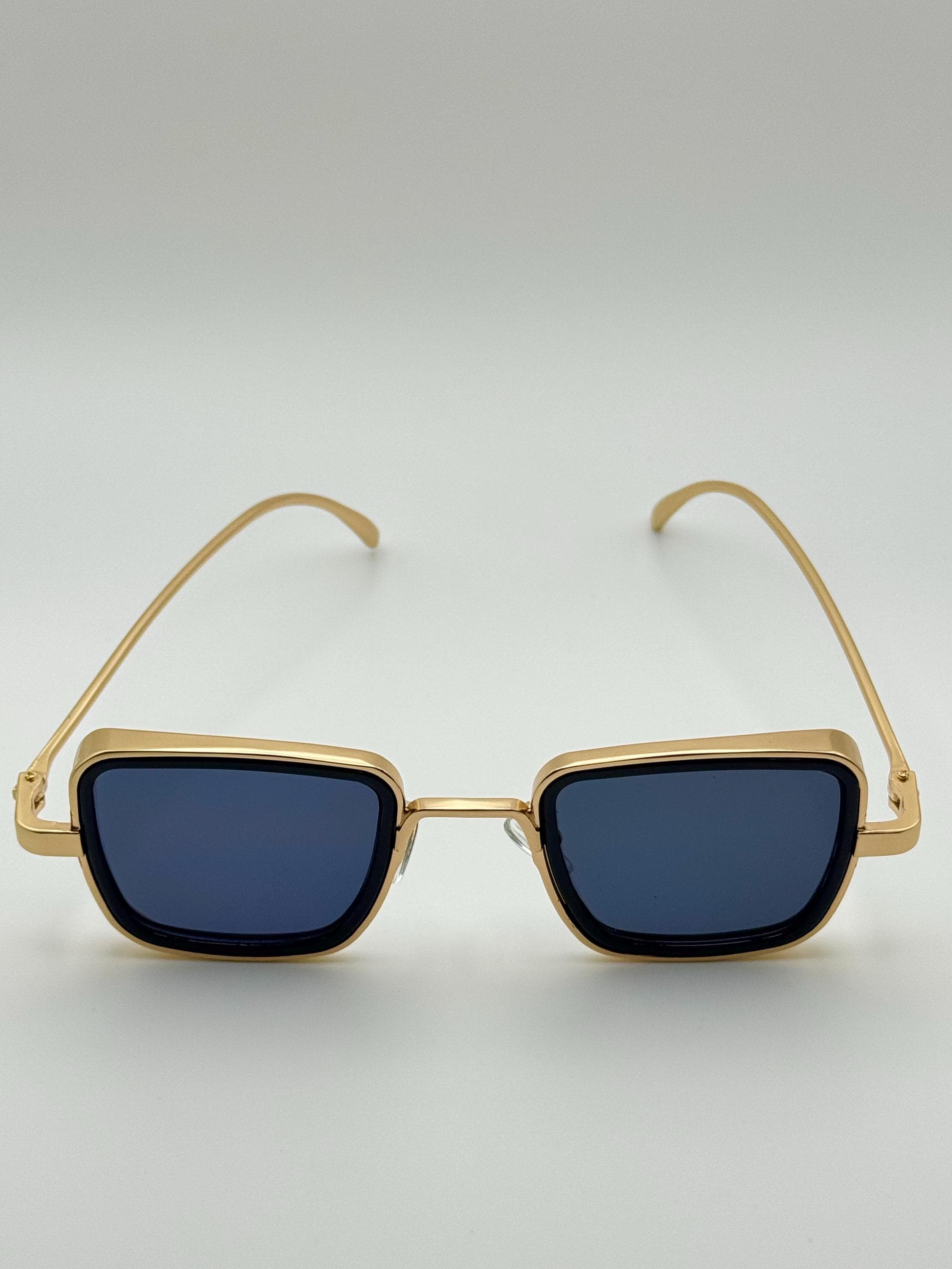 Retro Gold Frame Rectangle Sunglasses: Deep Blue Black Lens