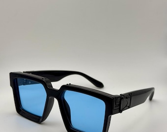 Bold Retro Square Sunglasses | Unisex Oversized Black Frames with Blue Tinted Lenses | UV Protection