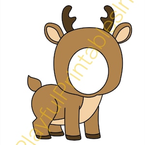 May include: A cartoon illustration of a reindeer with a large oval face opening. The reindeer is brown with tan accents, dark brown antlers, and a small tail. The image is on a white background.
