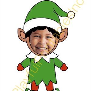 May include: A cartoon elf cutout with a child's face. The elf has a green hat with a white band, brown ears, a white collar, a green tunic, red gloves, and red shoes. The background is white.