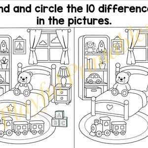 May include: A black and white line art activity sheet titled Find and circle the 10 differences in the pictures. It features two side-by-side bedroom scenes with a bed, bookshelf, window, toy train, and alphabet blocks for children to compare.