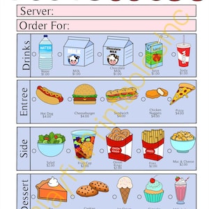 May include: A restaurant order form with illustrated food and drink options. Includes water, milk, chocolate milk, juice, soda, hot dog, cheeseburger, sandwich, chicken nuggets, pizza, salad, fruit cup, onion rings, fries, mac & cheese, pie, cookies, ice cream, cupcake, and milkshake.