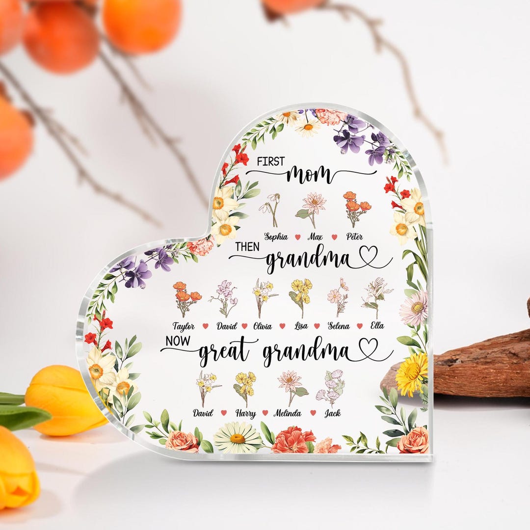 Custom First Mom Now Grandma Heart Acrylic Plaque With Grandkids Names ...