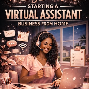 May include: Book cover with the title "Pretty Profits" and the subtitle "Starting a Virtual Assistant Business From Home." A woman with a headset and a laptop is smiling while holding a mug. The text "Your Step-by-Step Guide to Success!" is at the bottom.