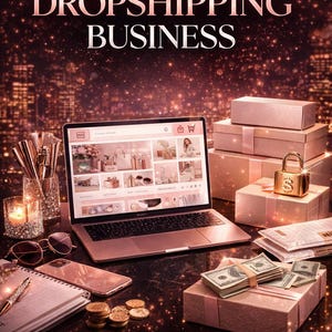 May include: A laptop displaying an e-commerce website is surrounded by business-related items. The image includes stacks of gift boxes, a gold lock, cash, a notebook, and makeup brushes. The text reads "Starting a Dropshipping Business."