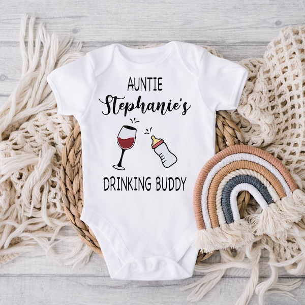 Aunties Drinking Buddy Baby Onesie®, Personalized Baby Shower Gift from Auntie, Cute Funny Baby Gift From Auntie Onesie® L-0107