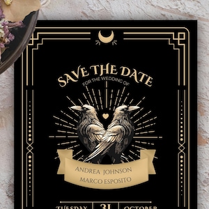 Gothic Save The Date Template Stimmungsvoller Rabe Hochzeitseinladung Vampir Herbst Save The Date Halloween Victorian Spooky Dark Canva Template
