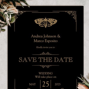 Gothic Save The Date Template Stimmungsvoll Hochzeitseinladung Vampir Herbst Save The Date Halloween Victorian Motte Spooky Dark Canva Template