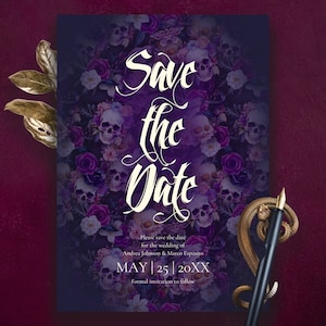 Dark Moody Gothic Save The Date Purple Vampire Invitation Victorian Raven Fall Halloween Canva Template Goth Wedding Spooky Skeleton Moth