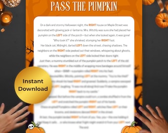 Puede incluir: Un juego imprimible con temática de Halloween titulado "PASS THE PUMPKIN" en naranja y blanco. El juego cuenta una historia sobre una calabaza perdida. Incluye un gráfico de calabaza y las palabras "Instant Download".