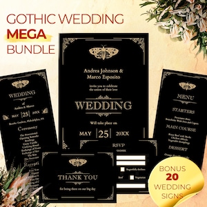 Gothic Wedding Invitation Set, Spooky Halloween Wedding Bundle, Till Death Do Us Part Wedding Templates, Large Wedding Sign Bundle