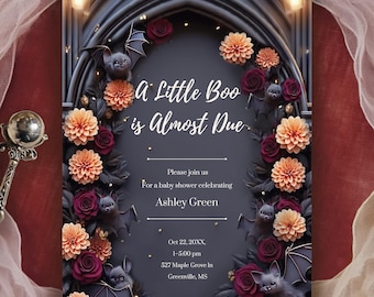A Little Boo is Almost Due Baby Shower Invite, Printable Invitation to Halloween Baby Shower, Cute Spooky Bat, Little Boo Ghost Template
