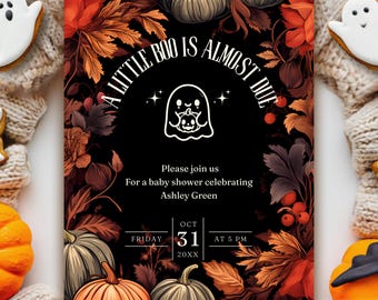 Invitación para baby shower "Un pequeño fantasma está a punto de nacer", invitación editable para baby shower de Halloween, linda invitación imprimible de fantasma, invitación de pequeño fantasma