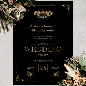 Gothic Wedding Invitation with Qr Code Victorian Vampire Goth Wedding Moth Dark Moody Invite Halloween Invitation Spooky Canva Template