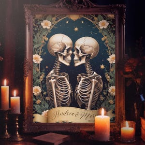 Personalised Gothic Couple Print Template, Skeleton Gothic Wedding Or Engagement Gift, Gothic Anniversary Present, Dark Alternative Art