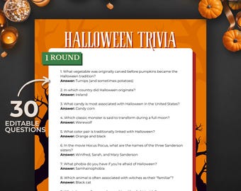 Puede incluir: Un juego de trivia de Halloween con 30 preguntas editables. El juego presenta un diseño negro y naranja con el título "Halloween Trivia" en la parte superior. Las preguntas y respuestas se enumeran sobre un fondo blanco.
