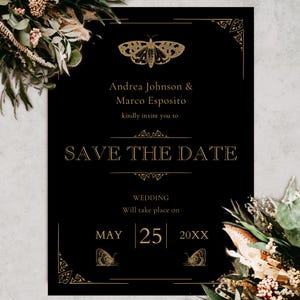 Gothic Save The Date Template Moody Wedding Invitation Vampire Fall Save The Date Halloween Victorian Moth Spooky Dark Canva Template