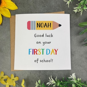 Personalised First Day of School Card for Kids, Custom Name Good Luck Card with Colourful Pencil Design, Back to School Greeting Card