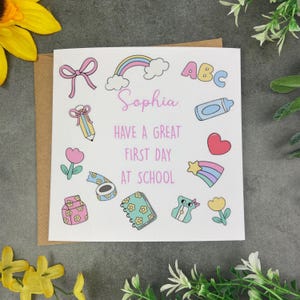 Personalised First Day of School Card, Custom Name Good Luck Card with Colourful Kawaii Design, Back to School Greeting Card For Daughter