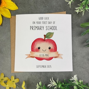 Personalised First Day of Primary School Card for Kids, Custom Name Good Luck Card with Apple Design, Back to School Greeting Card