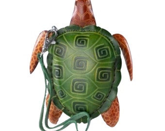 GREEN TURTLE Purse, Genuine Leather Coin Holder, Animal