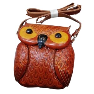 Bolsa tiracolo OWL de couro legítimo marrom, fecho de zíper, alça longa ajustável, design original, presente especial