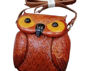 Genuine Leather Brown Owl Crossbody Bag – Magnet and Zipper Closure