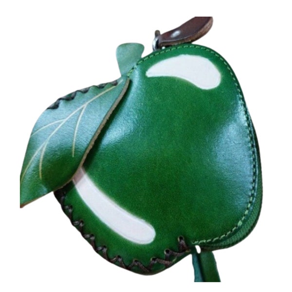 GREEN Apple Genuine Leather  Purse, YELLOW Banana Pouch, Original Design Coin Holder, Zipper Closure, Special Gift