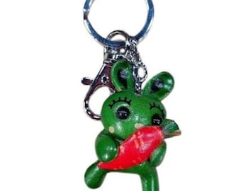 GREEN Genuine Leather RABBIT Key Ring, Original Design Yellow Animal Shape Key Loop, Special  Gift