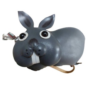 Monedero de piel auténtica con diseño de conejo gris, monedero, correa de muñeca extraíble, cierre de cremallera, diseño original, regalo especial.