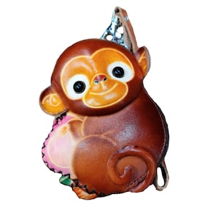 Monedero MONKEY, Monedero MARRÓN, Correa de muñeca extraíble, Estuche de piel auténtica con forma de animal, Cierre de cremallera, Regalo especial