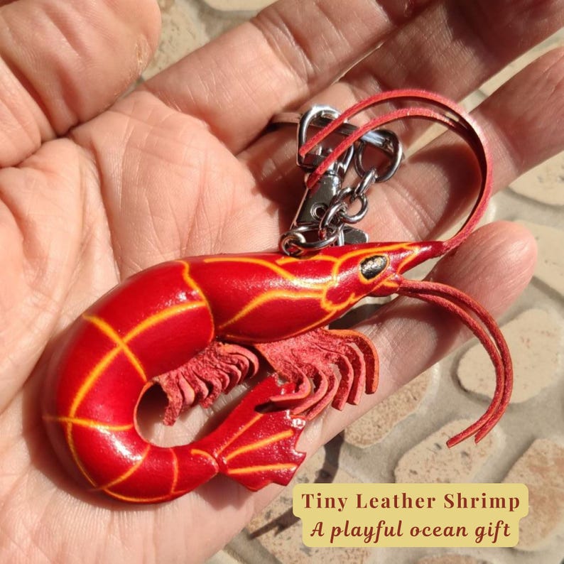 Red Shrimp Leather Keychain – Sea Creature Key Holder, Ocean Gift image 3