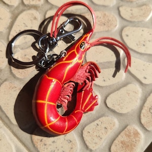 Red Shrimp Leather Keychain – Sea Creature Key Holder, Ocean Gift image 1