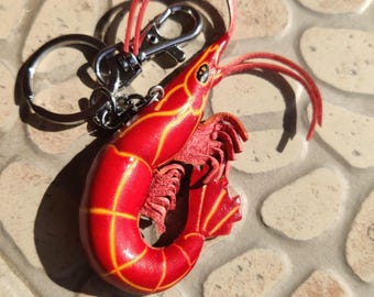 Red Shrimp Leather Keychain – Sea Creature Key Holder, Ocean Gift