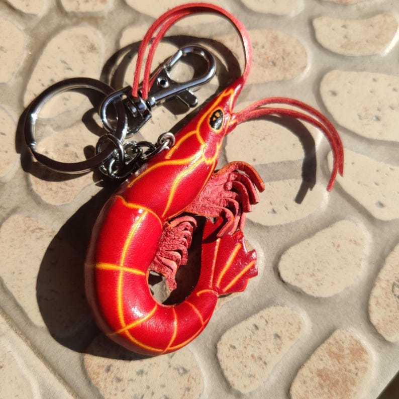 Red Shrimp Leather Keychain – Sea Creature Key Holder, Ocean Gift image 1